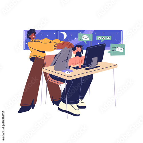 Work and life balance problems concept. Concentrated hardworking employee answers emails at night. Office worker, friend tries to distract tired workaholic. Flat isolated vector illustration on white
