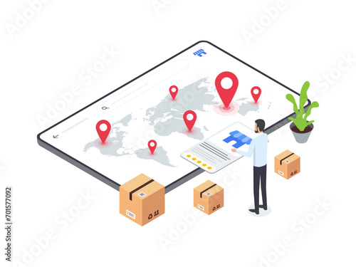 Flat Isometric illustration of man selects franchising location on ecommerce platform. Represents decision making process in franchise business.