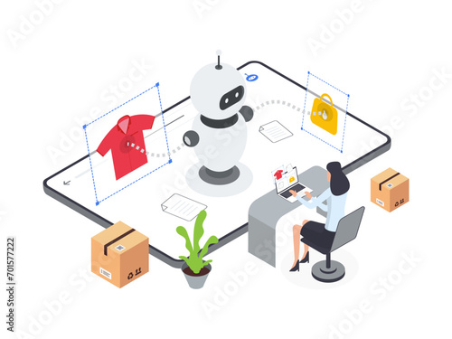 Flat Isometric illustration of generate image and text for ecommerce platform. Artificial intelligence for ecommerce platform.