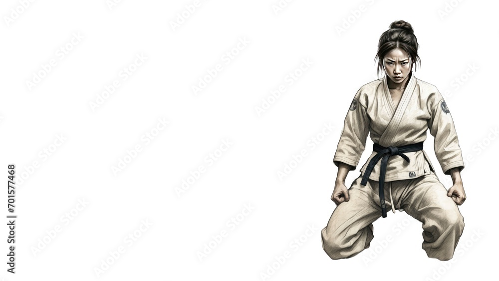 Karate woman fighter in kimono. Girl self defense skills. Girl in White Kimono. copy space Karate woman fighter in kimono. Girl self defense skills. Girl in White Kimono. copy space