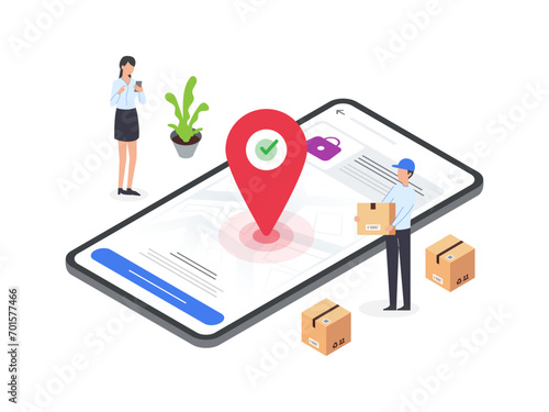 Isometric illustrations of customers receiving packages from couriers. Flat style artwork depicting delivery process and customer satisfaction.