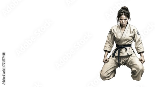 Karate woman fighter in kimono. Girl self defense skills. Girl in White Kimono. copy space