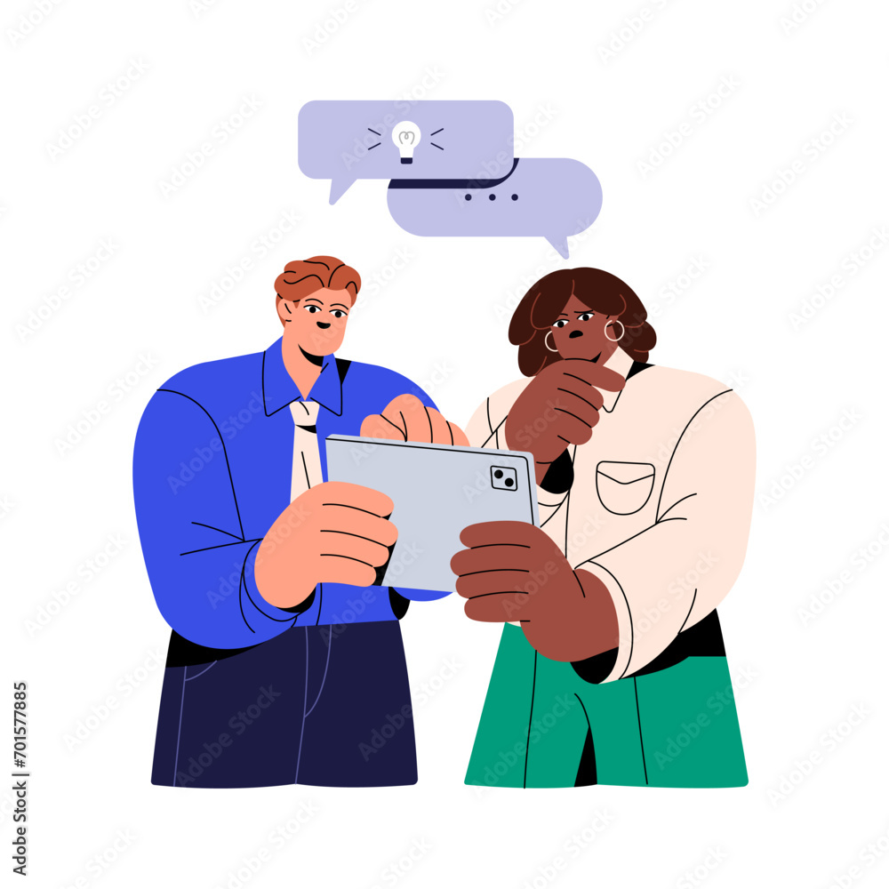 Communication in teamwork. Office workers share business ideas, talk. Employees coworking, find solution together. People hold tablet, watching on display. Flat isolated vector illustration on white Communication in teamwork. Office workers share business ideas, talk. Employees coworking, find solution together. People hold tablet, watching on display. Flat isolated vector illustration on white