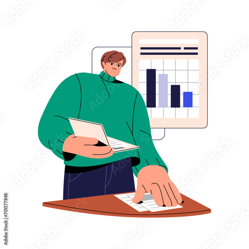 Marketing analysis. Charts, diagrams, graphs with financial indicators, data. Professional analyst collect statistic reports, documents in folder. Flat isolated vector illustration on white background