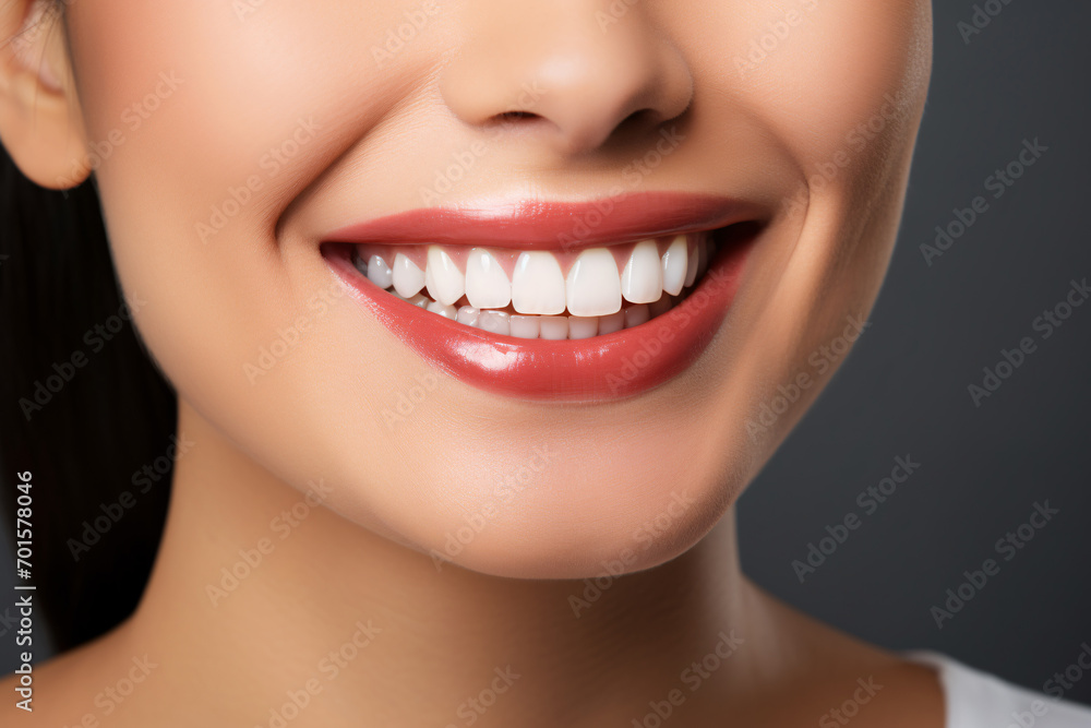 Obraz premium Closeup healthy white teeth and pink gum of a woman. Dental care and teeth whitening concept. Oral care dentistry. Beautiful smile. Perfect healthy teeth. Confident dental beauty.