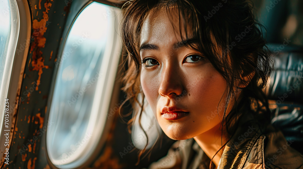 Asian woman sitting on airplane and looking out the window Asian woman sitting on airplane and looking out the window
