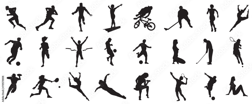 Collection men and women performing various sports activities silhouettes. Bundle of training, exercising people black vector illustrations. 