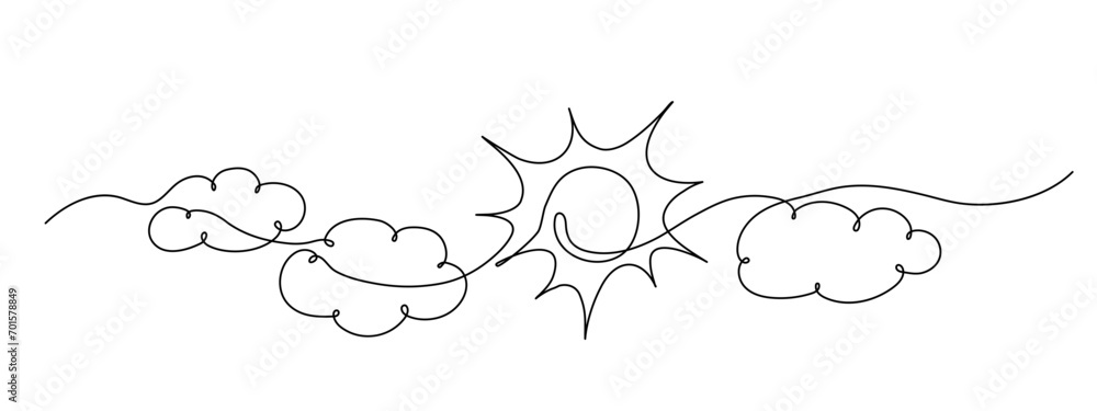 Sun continuous one line drawing. Three clouds and summer sun contour sign. Vector sketch isolated on white. Sun continuous one line drawing. Three clouds and summer sun contour sign. Vector sketch isolated on white.