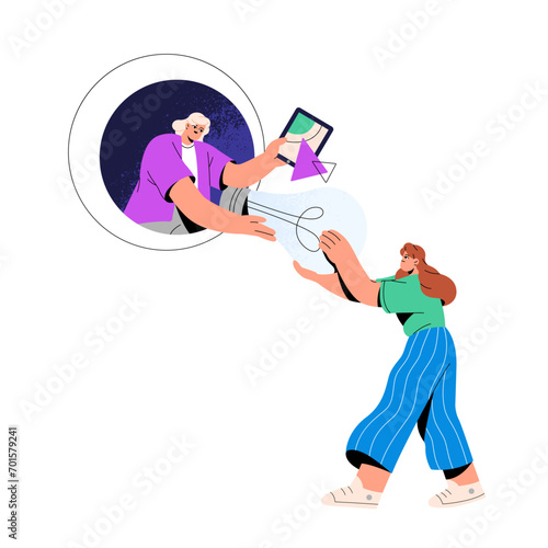 Leader shares thoughts, offers with worker. Team coworker, employee proposes new idea, creative solution. Business partnership, teamwork concept. Flat isolated vector illustration on white background