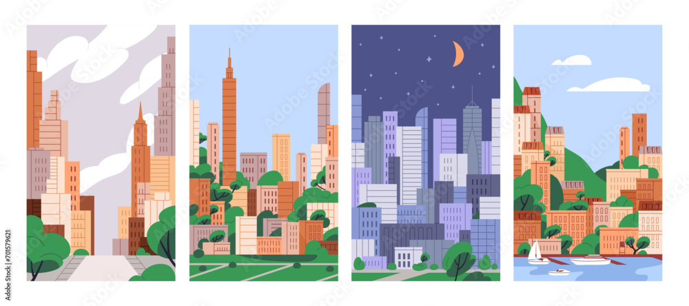 City posters set. Urban buildings in downtown, houses at sea. Metropolis and seaside architecture, modern highrise skyscrapers, multi-storey towers. Cityscape cards. Flat vector illustrations