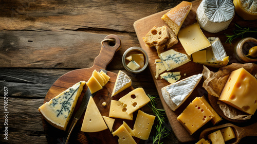 Top view flat lay of various kinds of cheese on the table with copy space. Dairy product variety food ingredient background.