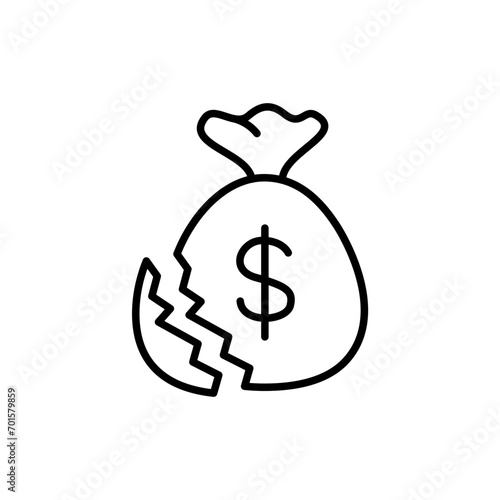 Broken money bag outline icons, minimalist vector illustration ,simple transparent graphic element .Isolated on white background