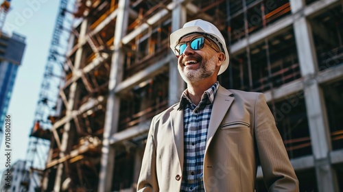 Happy mature architect wearing hardhat standing at construction site