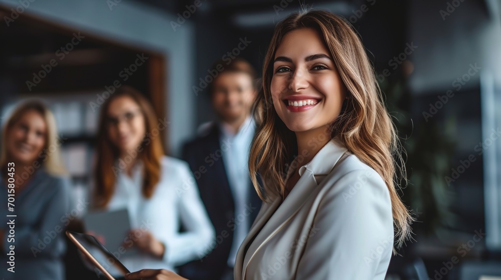 Fototapeta premium Happy, smiling and confident business woman with her team happy about a teamwork proposal collaboration. 