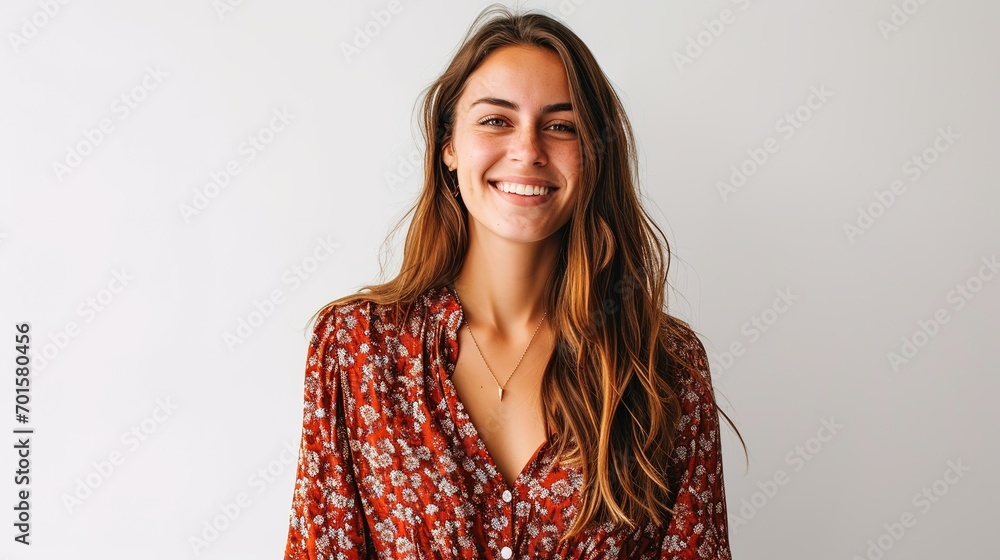 Happy successful woman standing in casual outfit, smiling pleased at camera and looking confident, standing against white background. Happy successful woman standing in casual outfit, smiling pleased at camera and looking confident, standing against white background.