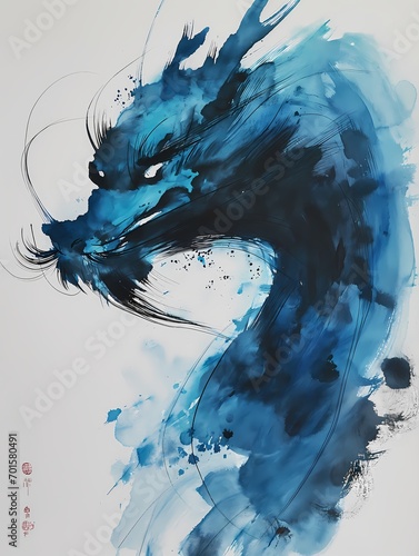 chinese dragon in blue ink poster art