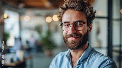 Happy young businessman looking at camera in office, headshot portrait. Smiling bearded businessman, male entrepreneur, professional employee looking at camera standing at work.