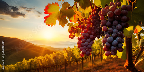 Beautiful landscape of grape field growing for wine. Evening sunset scenery with vineyard rows. AI Generative 