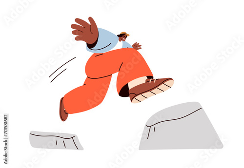 Man jumping over obstacle. Brave character overcoming difficulty, daring to risk. Ambition, danger, courage, way to goal, aim, psychology concept. Flat vector illustration isolated on white background