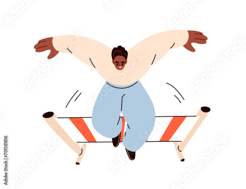 Man jumping over barrier, obstacle. Ambitious male character overcoming hurdle,difficulty, problem, life trouble, challenge. Psychology concept. Flat vector illustration isolated on white background