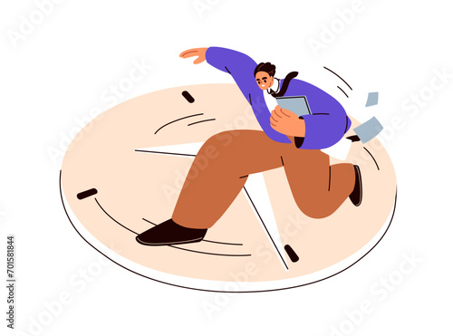 Deadline pressure and bad time-management concept. Busy hectic business man hurrying. Stressed office worker late with work, running on clock. Flat vector illustration isolated on white background