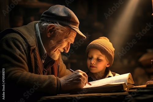 Elderly man tutoring young boy at home with warm light. Education and mentorship.