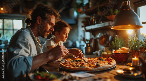 Mother  father and daughter eat together in the kitchen. They were eating a large pizza.