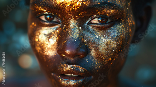 Closeup portrait, fantasy beauty of African woman, face in gold color. Skin glows golden photo