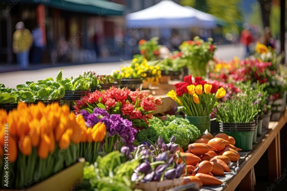 A display of spring produce and blooms at a sunny market