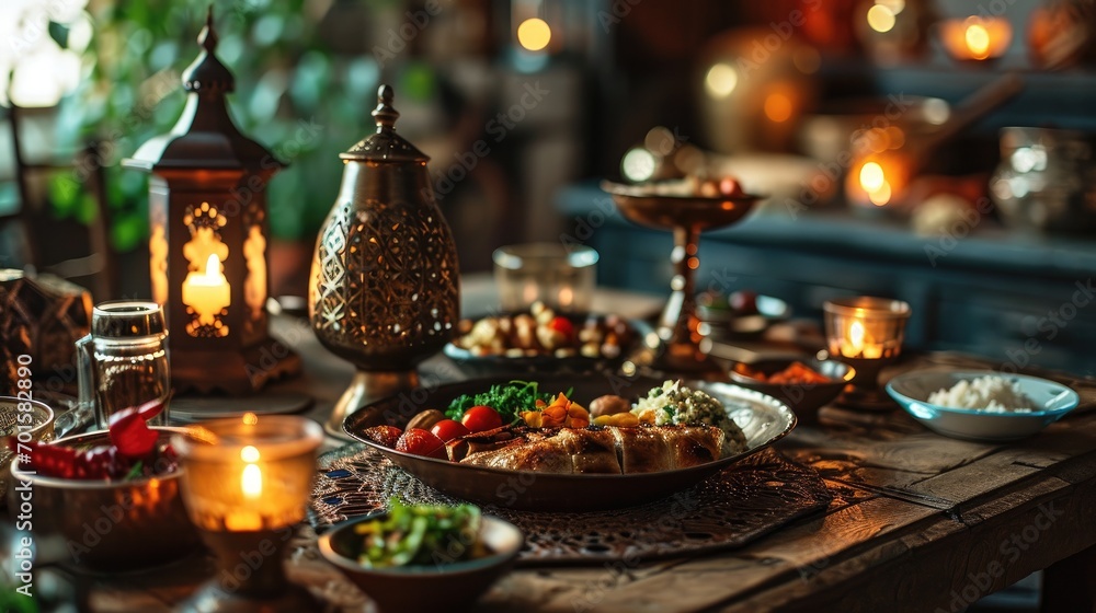 Ramadan Iftar Table with Traditional Moroccan Lanterns, Spiced Couscous, and Dates - Festive Culinary Celebration, Experience Culinary Delights: Arabic Dining, Lantern-Lit Evenings Gourmet Ramadan