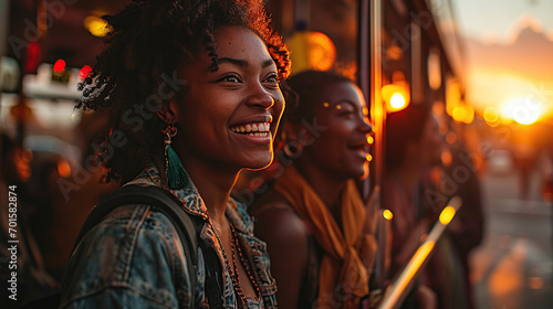 Image of various young friends laughing while standing and chatting on the bus.