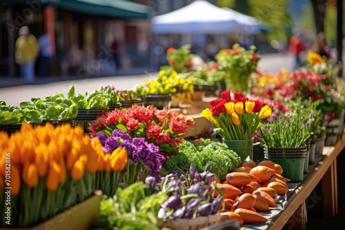 A display of spring produce and blooms at a sunny market