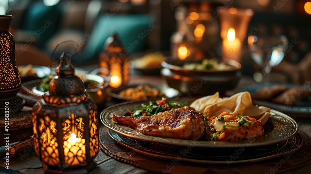 Ramadan Iftar Table with Traditional Moroccan Lanterns, Spiced Couscous, and Dates - Festive Culinary Celebration, Experience Culinary Delights: Arabic Dining, Lantern-Lit Evenings Gourmet Ramadan