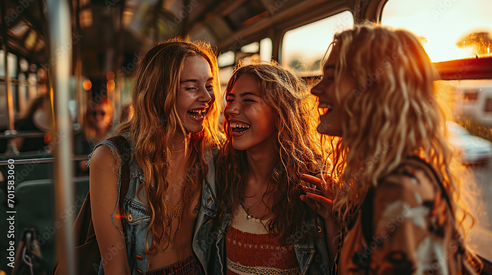 Image of various young friends laughing while standing and chatting on the bus.