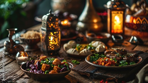 Close up Arabic meal on wooden table with dates and lamp at night of Iftar party, Muslims Ramadan food after fasting festive at Islam home dawn sunset time. Halal food. © ThamDesign