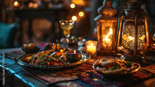 Close up Arabic meal on wooden table with dates and lamp at night of Iftar party, Muslims Ramadan food after fasting festive at Islam home dawn sunset time. Halal food.