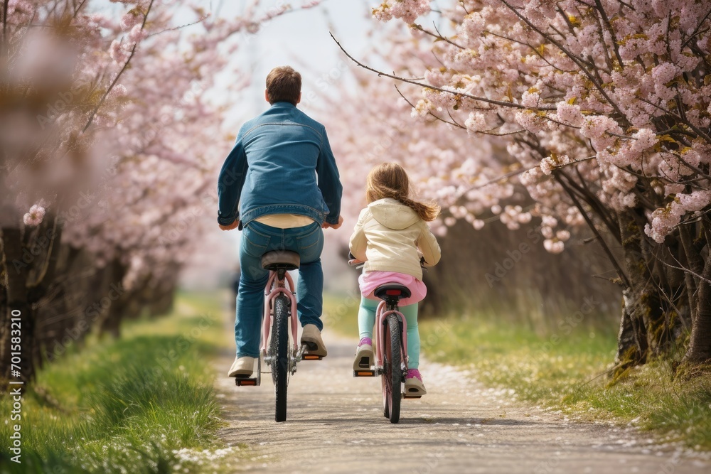 Father and daughter biking under cherry blossoms in spring