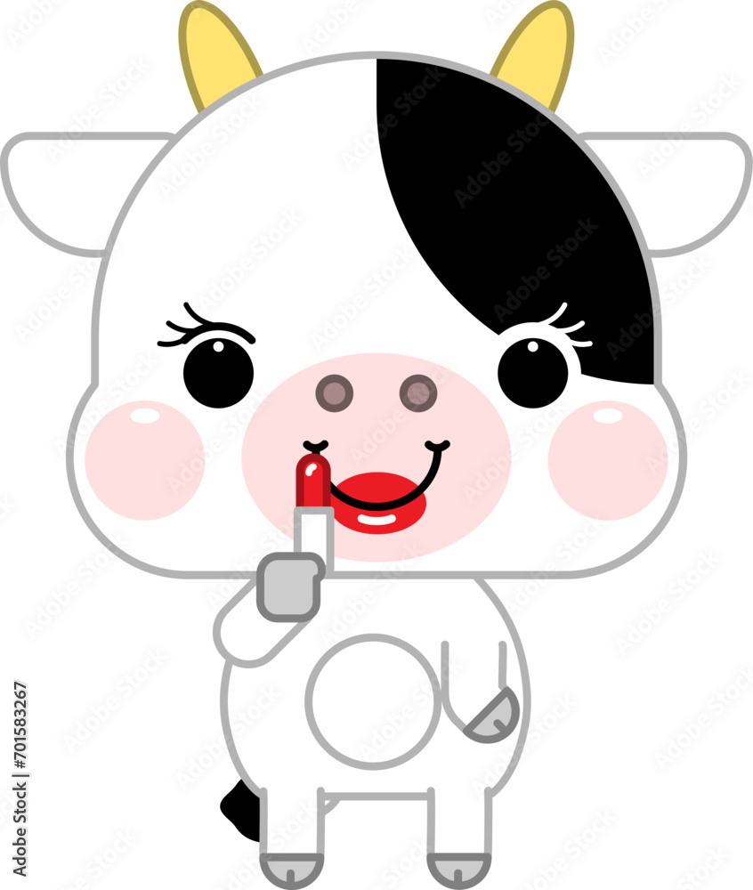Cute cartoon cow applying lipstick Cute cartoon cow applying lipstick
