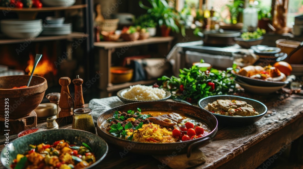 Close up Arabic meal on wooden table with dates and lamp at night of Iftar party, Muslims Ramadan food after fasting festive at Islam home dawn sunset time. Halal food.