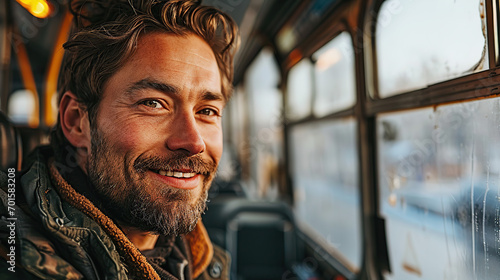 Portrait of a handsome Caucasian bus driver smiling while in public transportation.