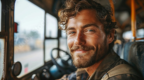 Portrait of a handsome Caucasian bus driver smiling while in public transportation. photo
