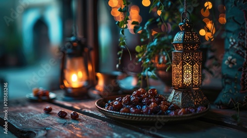 Ramadan Iftar Table with Traditional Moroccan Lanterns, Spiced Couscous, and Dates - Festive Culinary Celebration, Experience Culinary Delights: Arabic Dining, Lantern-Lit Evenings, Gourmet Ramadan