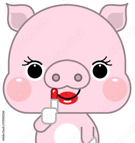Cute cartoon pig applying lipstick