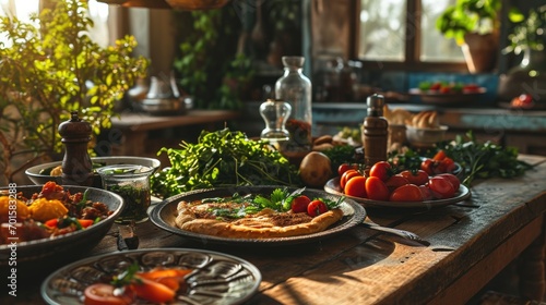 Close up Arabic meal on wooden table with dates and lamp at night of Iftar party, Muslims Ramadan food after fasting festive at Islam home dawn sunset time. Halal food.