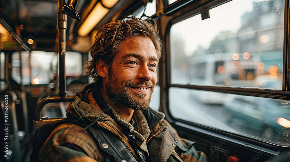 Portrait of a handsome Caucasian bus driver smiling while in public transportation.