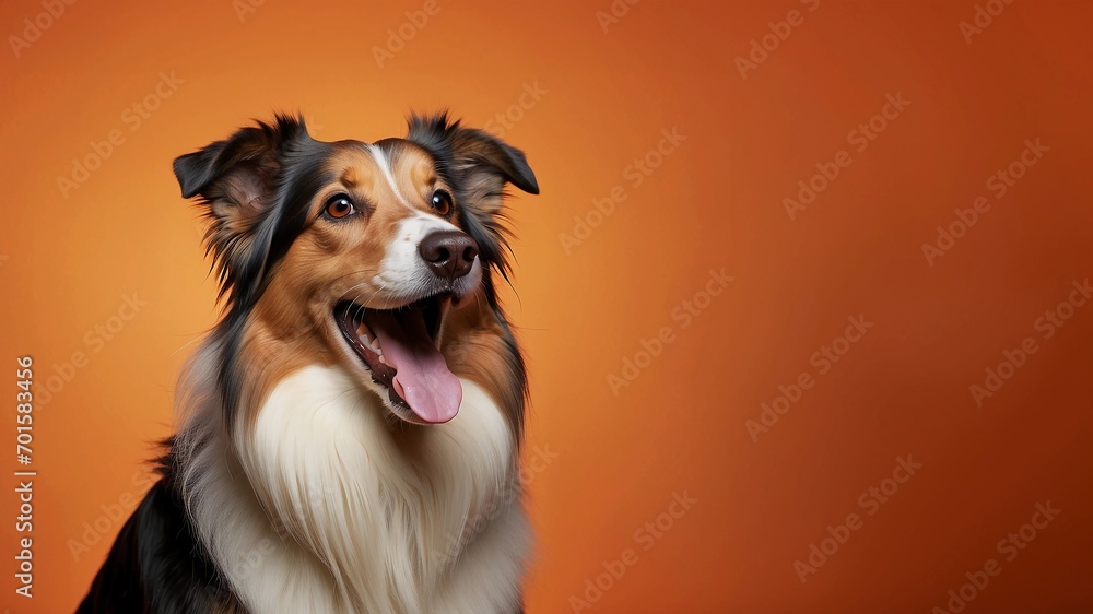 portrait of a young border collie dog with happy funny expression isolated on a orange background, with space for text portrait of a young border collie dog with happy funny expression isolated on a orange background, with space for text