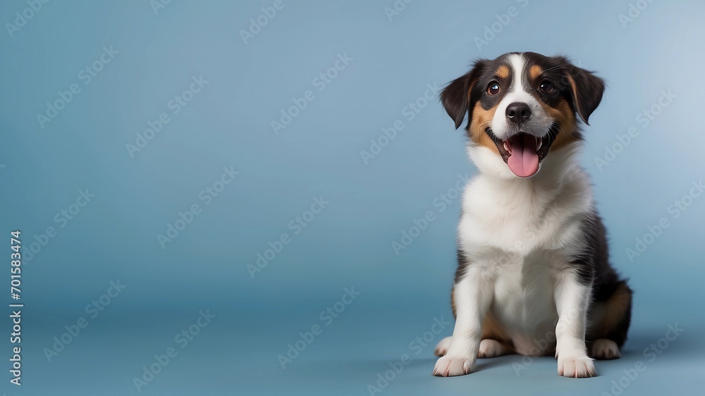 portrait of a Joyful puppy with happy funny expression isolated on a blue background, with space for text