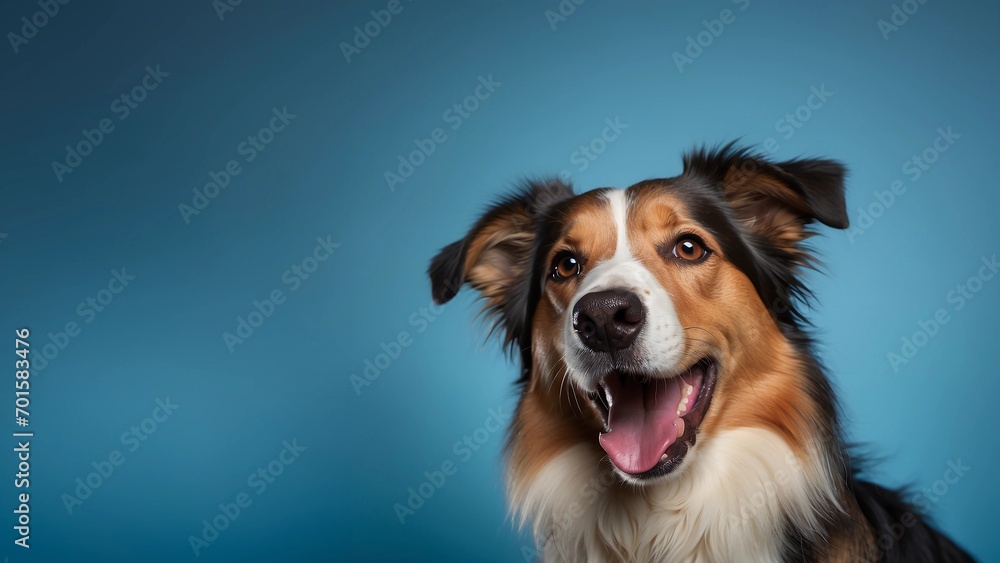 portrait of a Joyful border collie dog with happy funny expression isolated on a blue background, with space for text