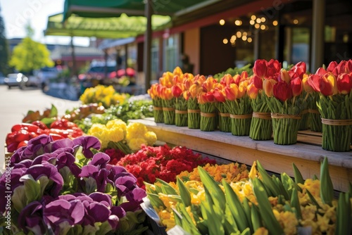 Sunlit tulips and vibrant florals at a spring market stall