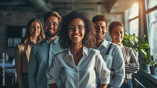 portrait of a smiling business team standing at office with flare